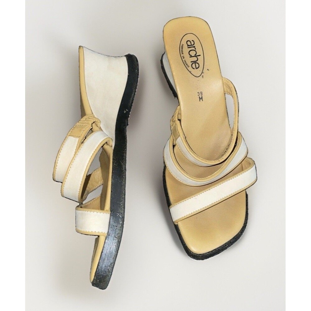Arche Womens Cream Leather Wedge Slide Sandals 39M US 8 Square Toe France 9349